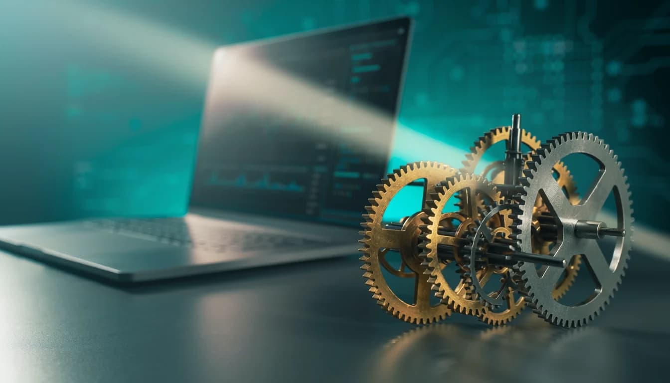 Engrenagens de precisão ao lado de um dashboard — automação de processos da Alcance Tech