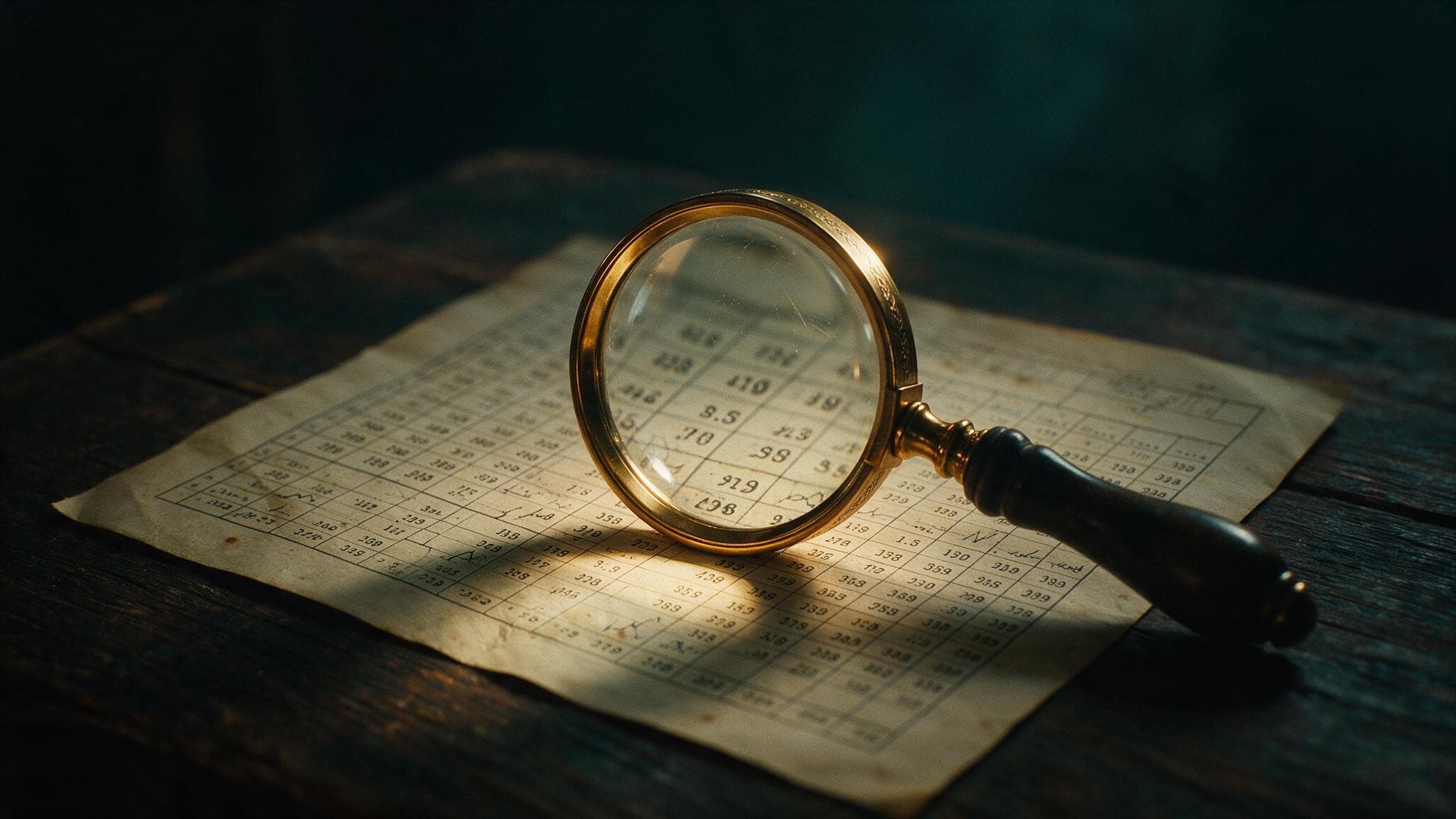 Lupa sobre uma planilha impressa cheia de números: o detalhe que muda a decisão