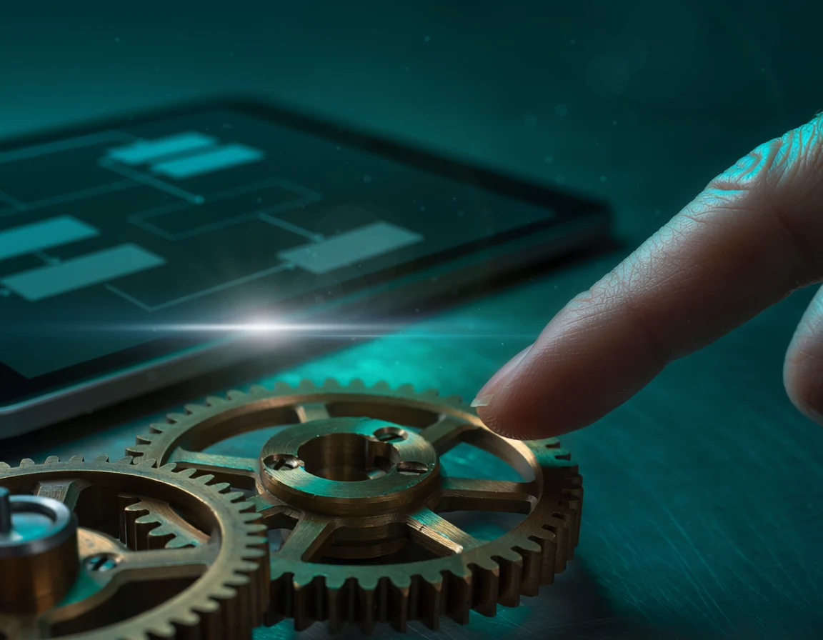 Detalhe de engrenagens e um fluxo de automação em um tablet