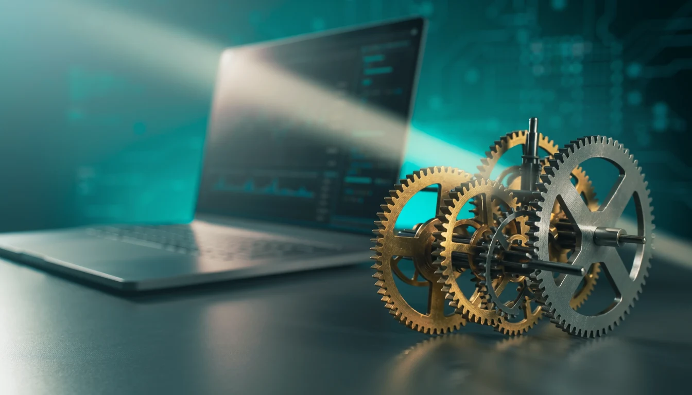 Engrenagens de precisão ao lado de um dashboard — automação de processos da Alcance Tech