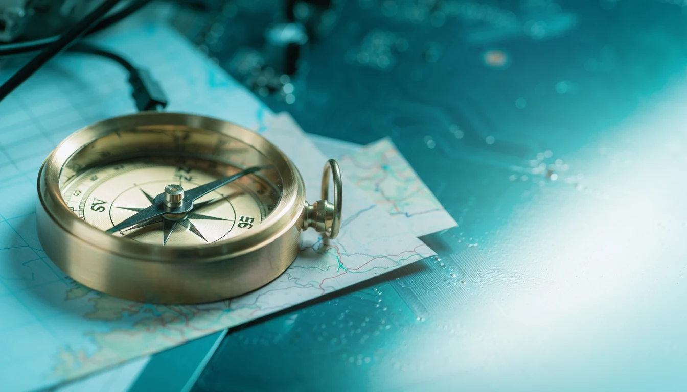 Bússola sobre mapa e placa de circuito — desenvolvimento de software em Ribeirão Preto pela Alcance Tech
