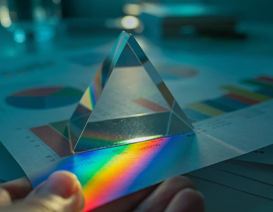Prisma transformando dados em um espectro de cores sobre um relatório