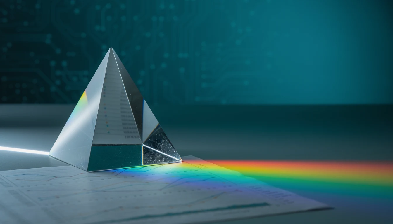 Prisma refratando luz em espectro sobre gráficos — inteligência artificial e dados da Alcance Tech